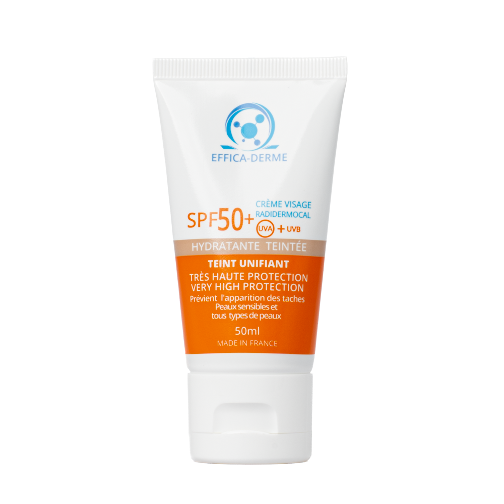 Tube de crème solaire teintée SPF50+ Effica‑Derme, très haute protection UVA/UVB