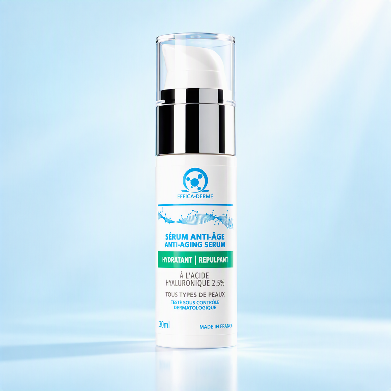 Sérum acide hyaluronique anti‑âge 2,5% Effica‑Derme sur fond bleu