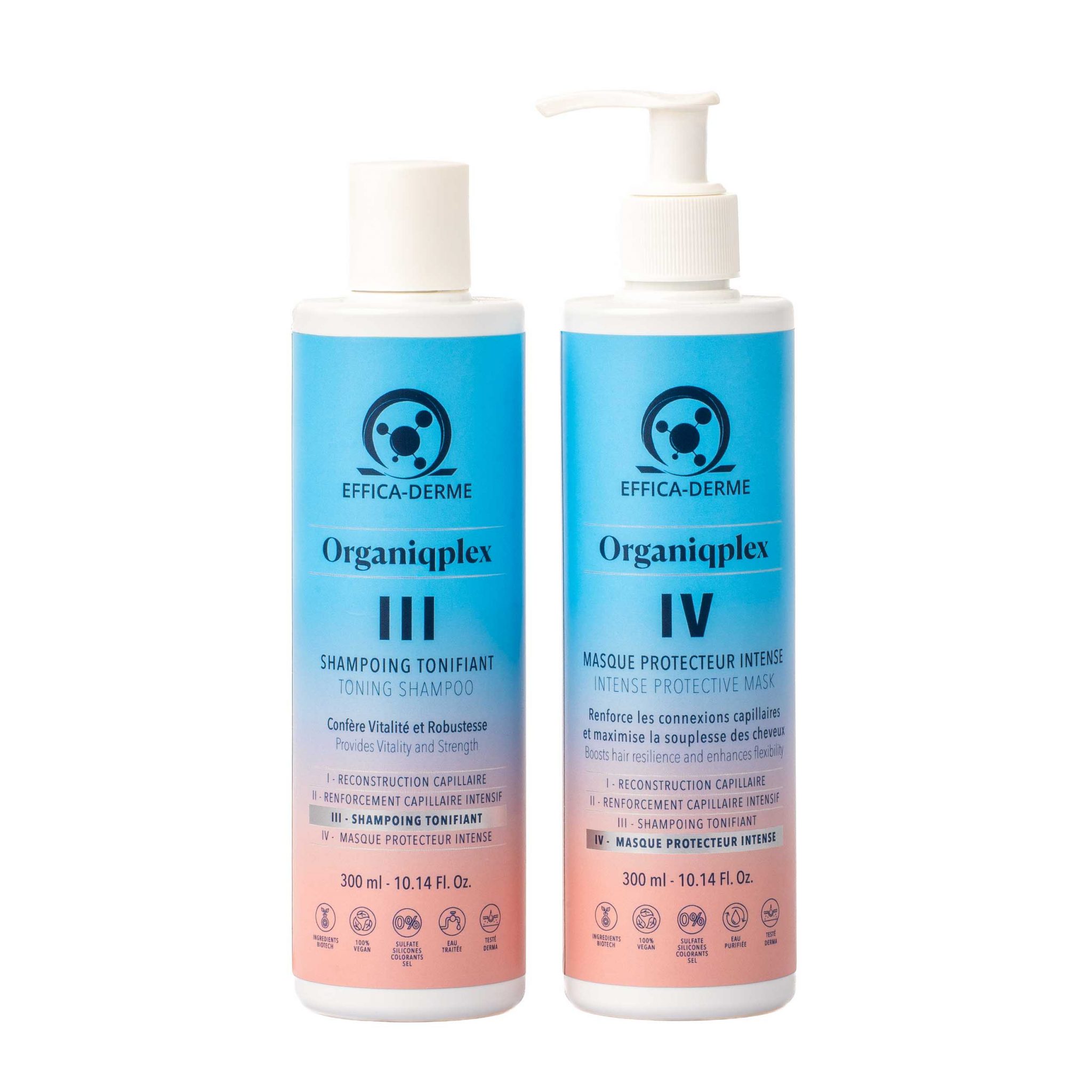 Soin fortifiant cheveux abîmés – Organiqplex III et IV sur fond blanc