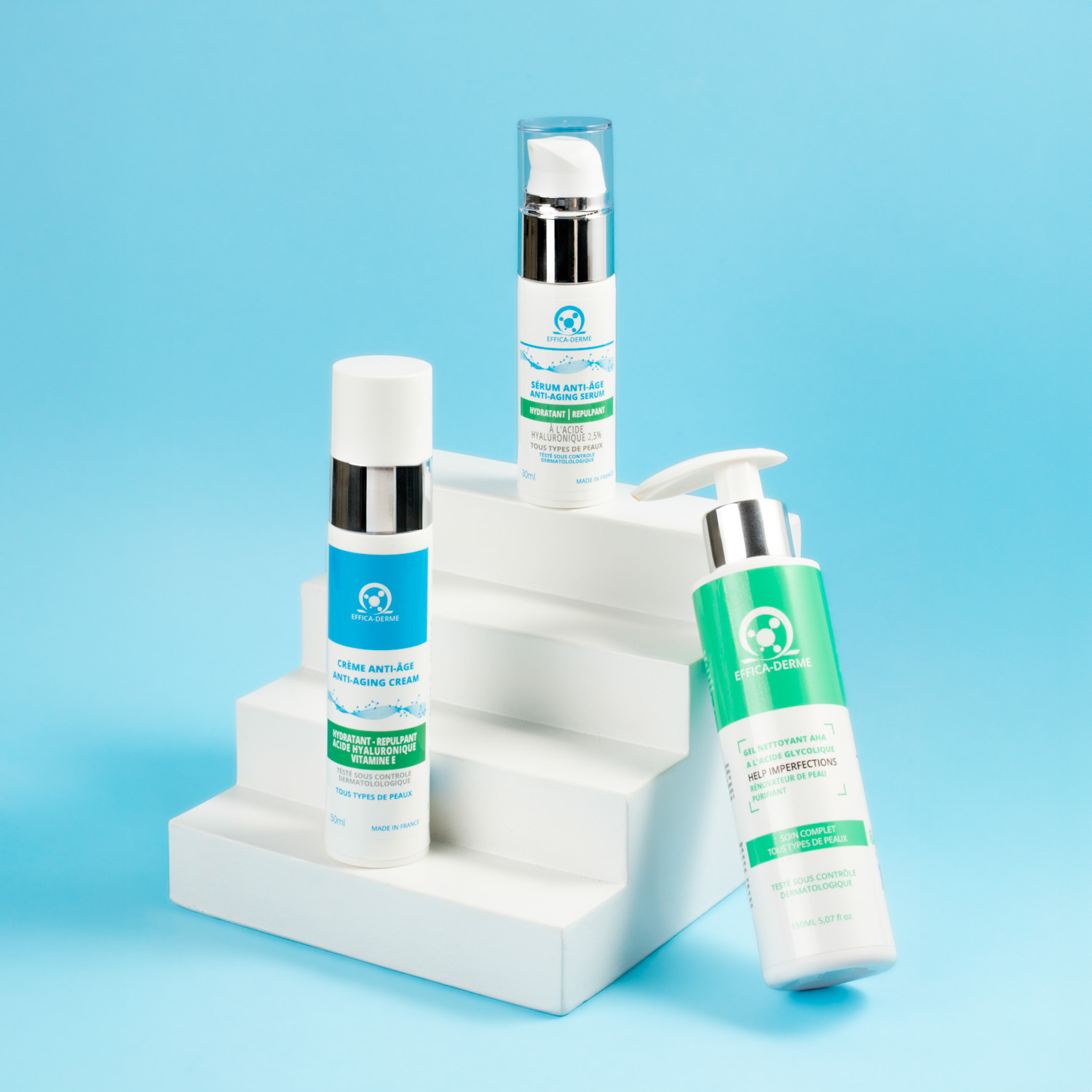 Routine anti‑âge nuit Effica‑Derme – Gel AHA, Sérum Acide Hyaluronique et Crème Anti‑Rides