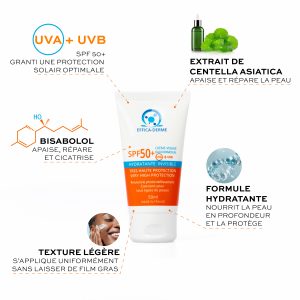 Crème solaire SPF50 hydratante Effica‑Derme avec Bisabolol et Centella Asiatica