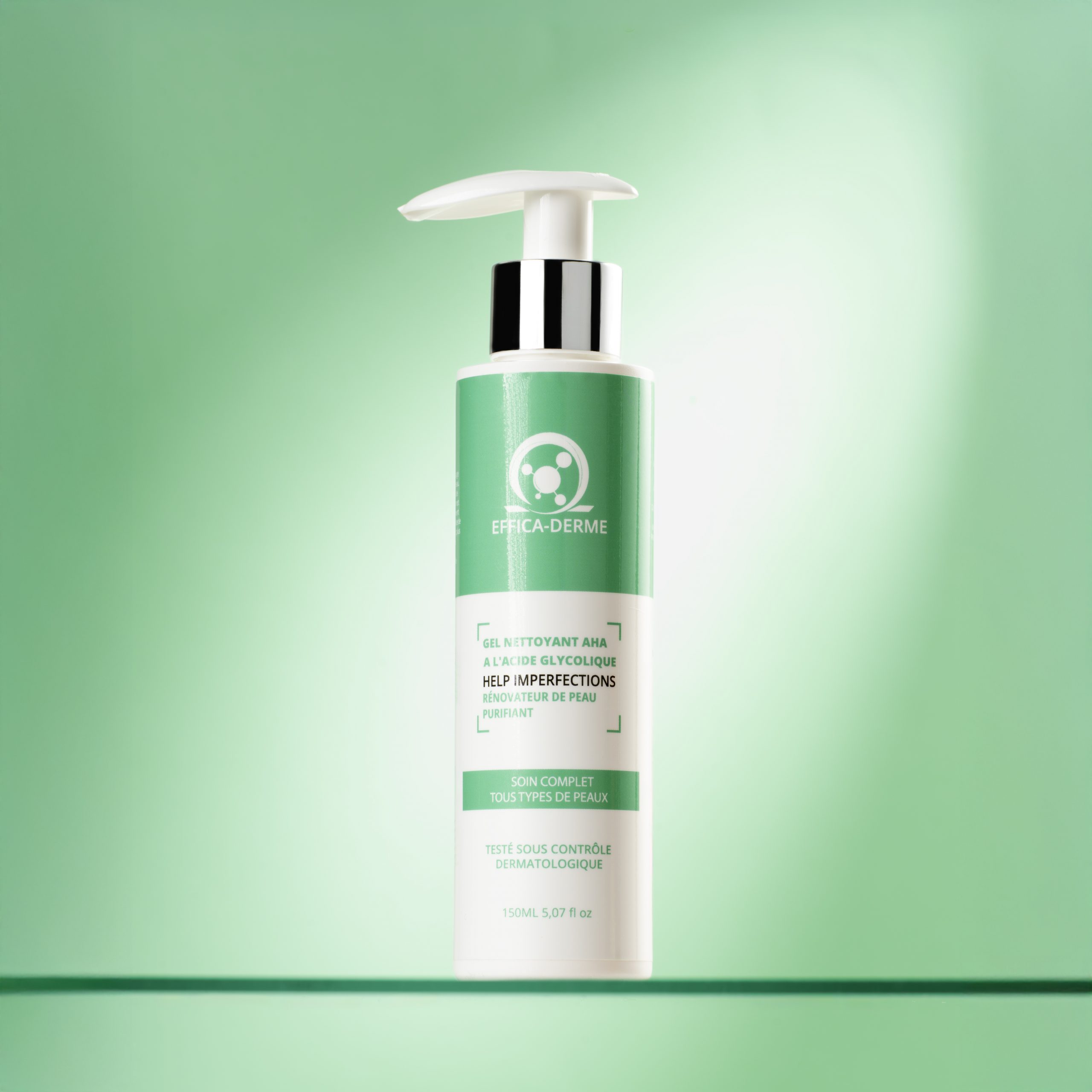 Gel Nettoyant AHA Effica‑Derme – visuel produit sur fond vert, flacon 150ml