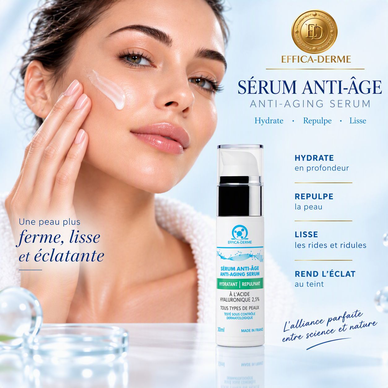 Sérum anti-âge à l'acide hyaluronique appliqué sur le visage d'une femme